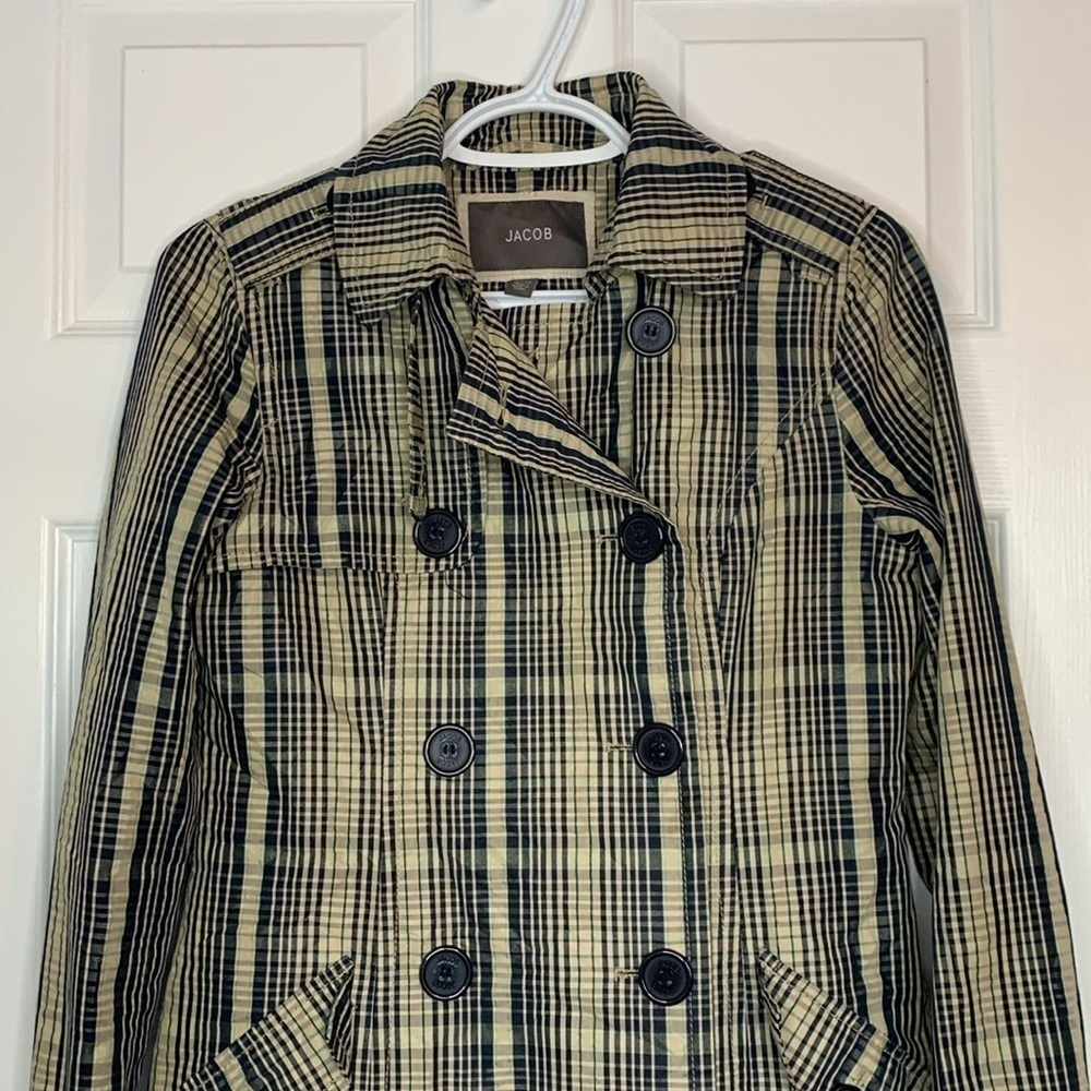 Jacob Beige Navy Plaid Trench Coat women’s extra small Buckles Buttons Classy - Picture 7 of 13
